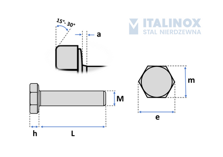 Hexagonal screw M16x65 stainless 304